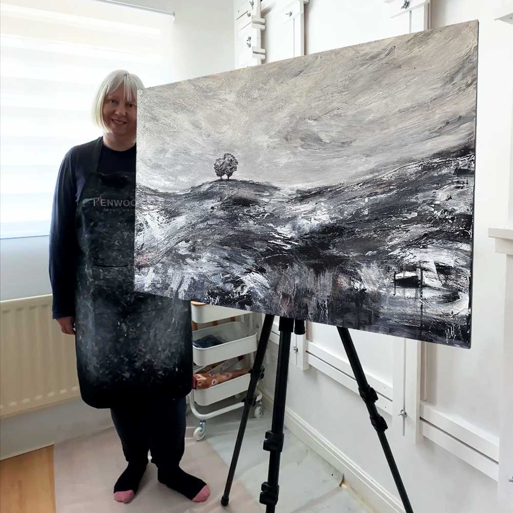 Large black, white & metallic original semi-abstract landscape painting on wood - Standing Quiet by British artist Jayne Leighton Herd. 