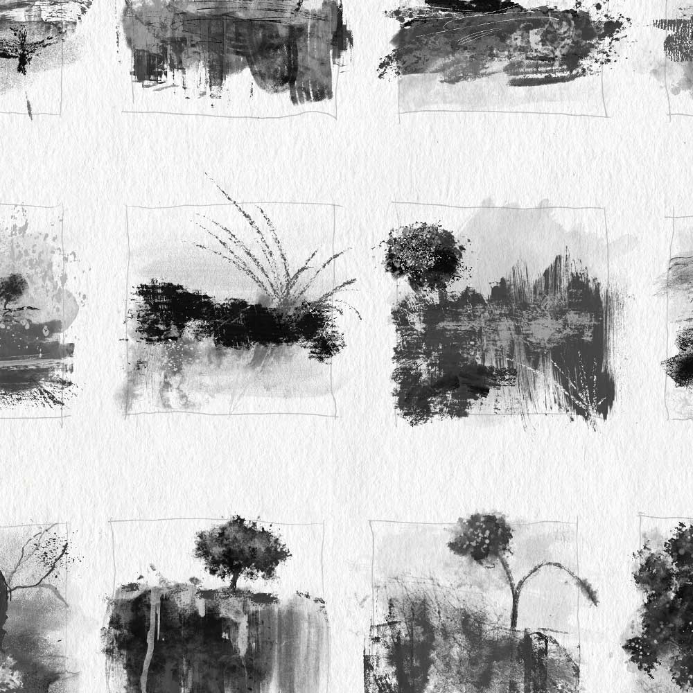 Fine art print from a black & white monochrome original painting comprising 28 landscape and tree drawings and studies - Little Trees I by Jayne Leighton Herd.