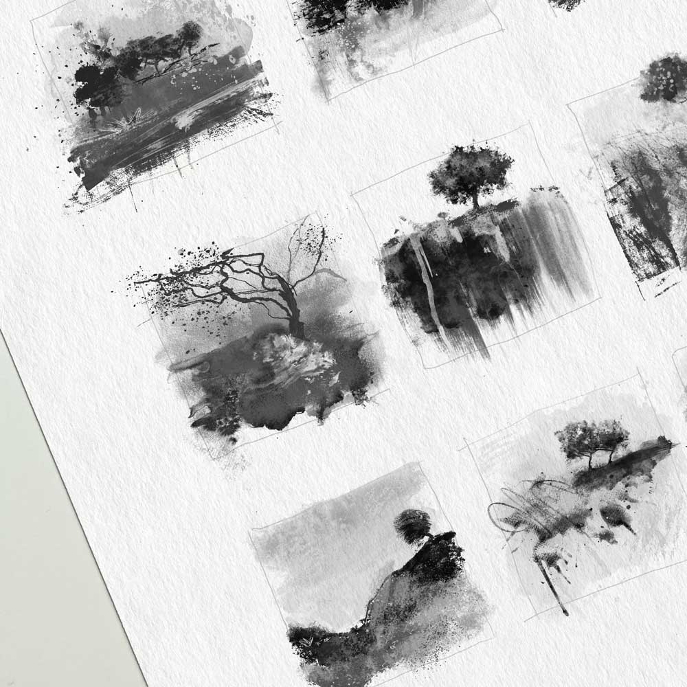 Fine art print from a black & white monochrome original painting comprising 28 landscape and tree drawings and studies - Little Trees I by Jayne Leighton Herd.