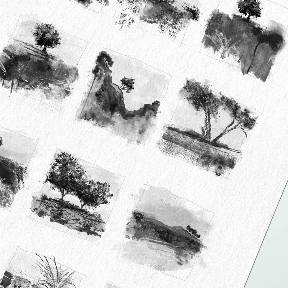 Fine art print from a black & white monochrome original painting comprising 28 landscape and tree drawings and studies - Little Trees I by Jayne Leighton Herd.