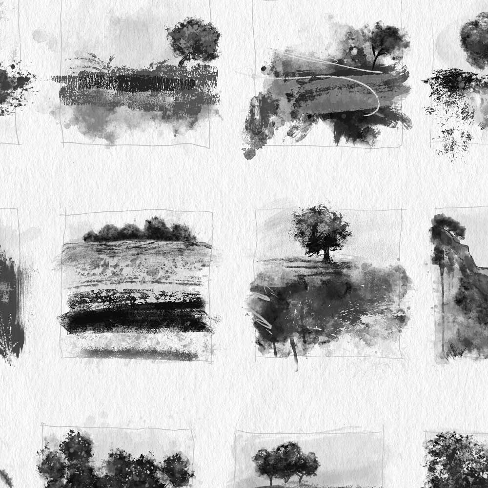 Fine art print from a black & white monochrome original painting comprising 28 landscape and tree drawings and studies - Little Trees I by Jayne Leighton Herd.