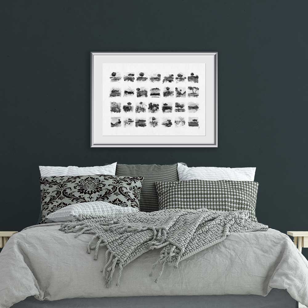 Little Trees I fine art print - black & white monochrome tree and landscape studies and sketches by Jayne Leighton Herd. Perfect wall art for bedrooms.