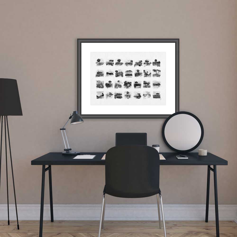 Little Trees I fine art print - black & white monochrome tree and landscape studies and sketches by Jayne Leighton Herd. Perfect wall art for offices and workspaces.