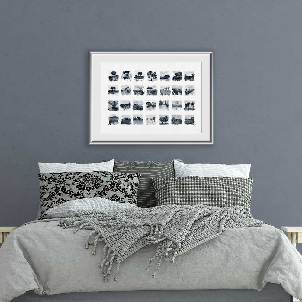 Dark blue-grey monochrome tree and landscape studies and sketches by Jayne Leighton Herd. Perfect original painting for bedrooms.