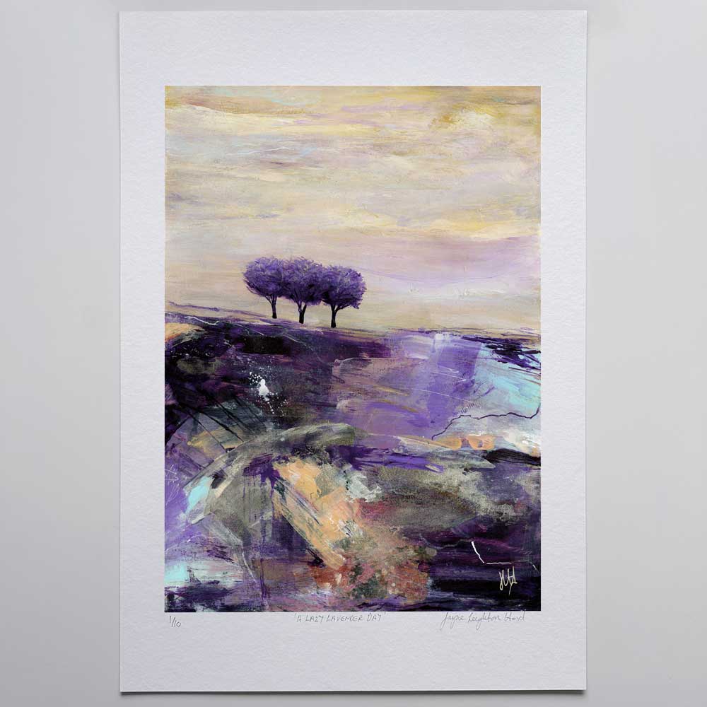 Lavender purple semi-abstract landscape limited edition art print - A Lazy Lavender Day by Jayne Leighton Herd