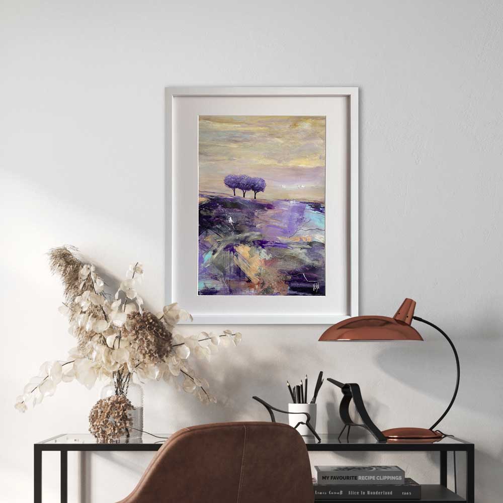 Lavender purple semi-abstract landscape limited edition art print - A Lazy Lavender Day by Jayne Leighton Herd. Beautiful wall art for living spaces and offices.