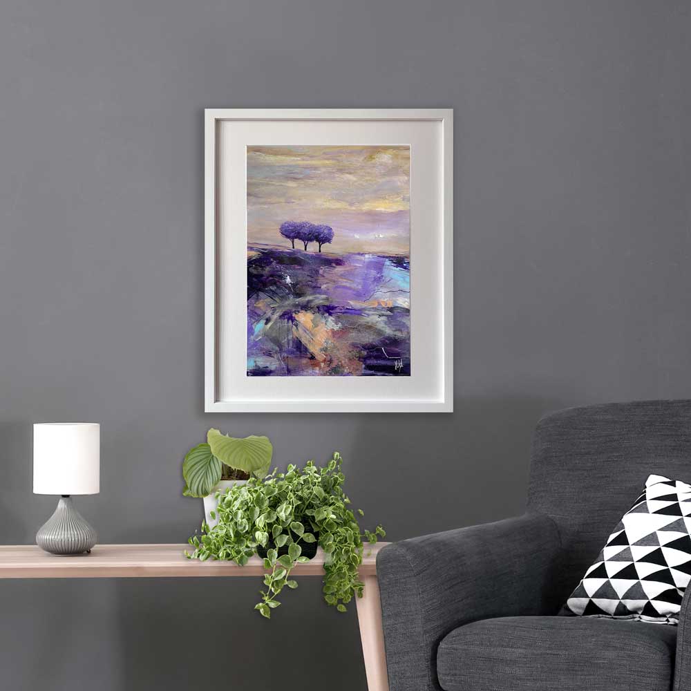 Lavender purple semi-abstract landscape limited edition art print - A Lazy Lavender Day by Jayne Leighton Herd. Beautiful wall art for living spaces.