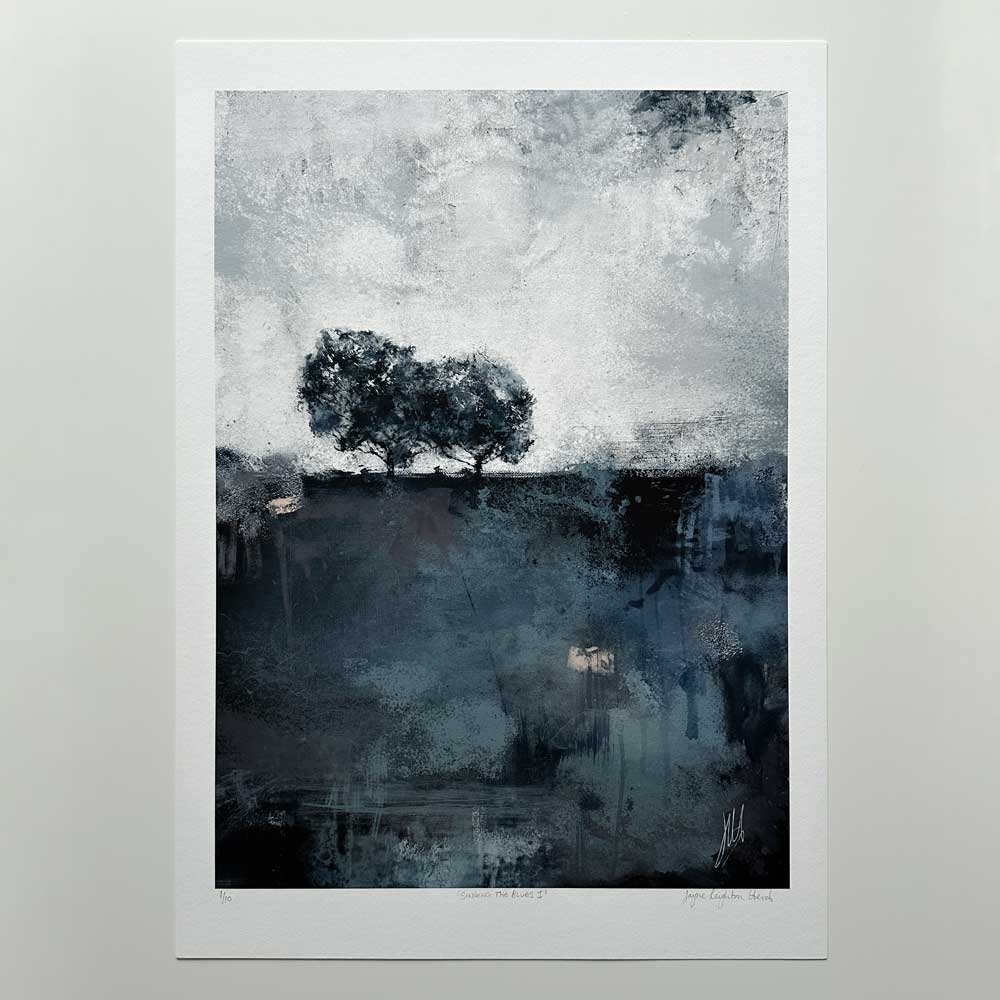 Blue-grey semi-abstract landscape limited edition art print - Singing The Blues I by Jayne Leighton Herd