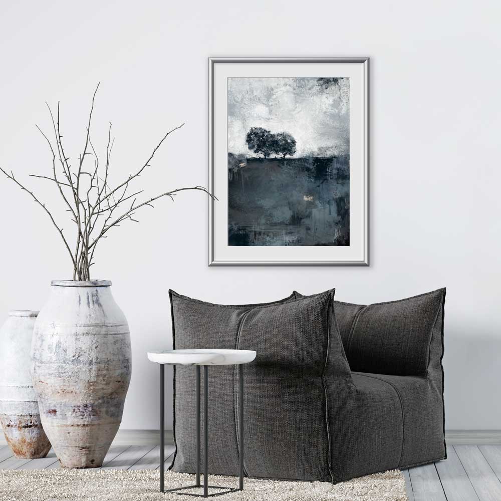 Blue-grey semi-abstract landscape limited edition art print - Singing The Blues I by Jayne Leighton Herd. Beautiful wall art for living spaces.