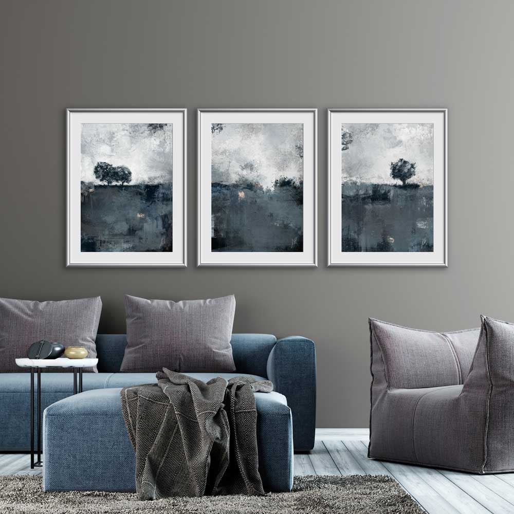 Blue-grey semi-abstract landscape limited edition art print - Singing The Blues I by Jayne Leighton Herd. Beautiful wall art for living spaces.