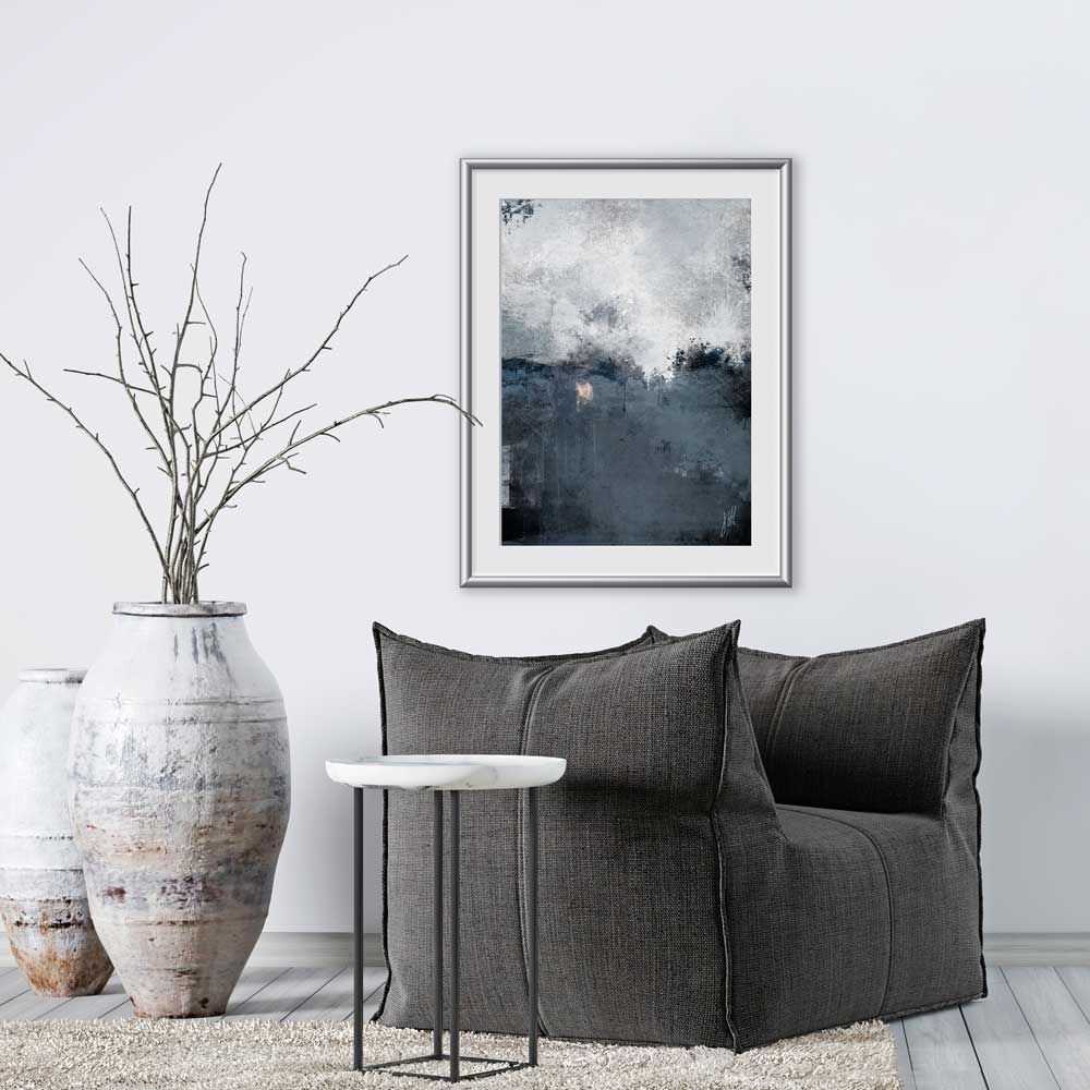 Blue-grey semi-abstract landscape limited edition art print - Singing The Blues II by Jayne Leighton Herd. Beautiful wall art for living spaces.