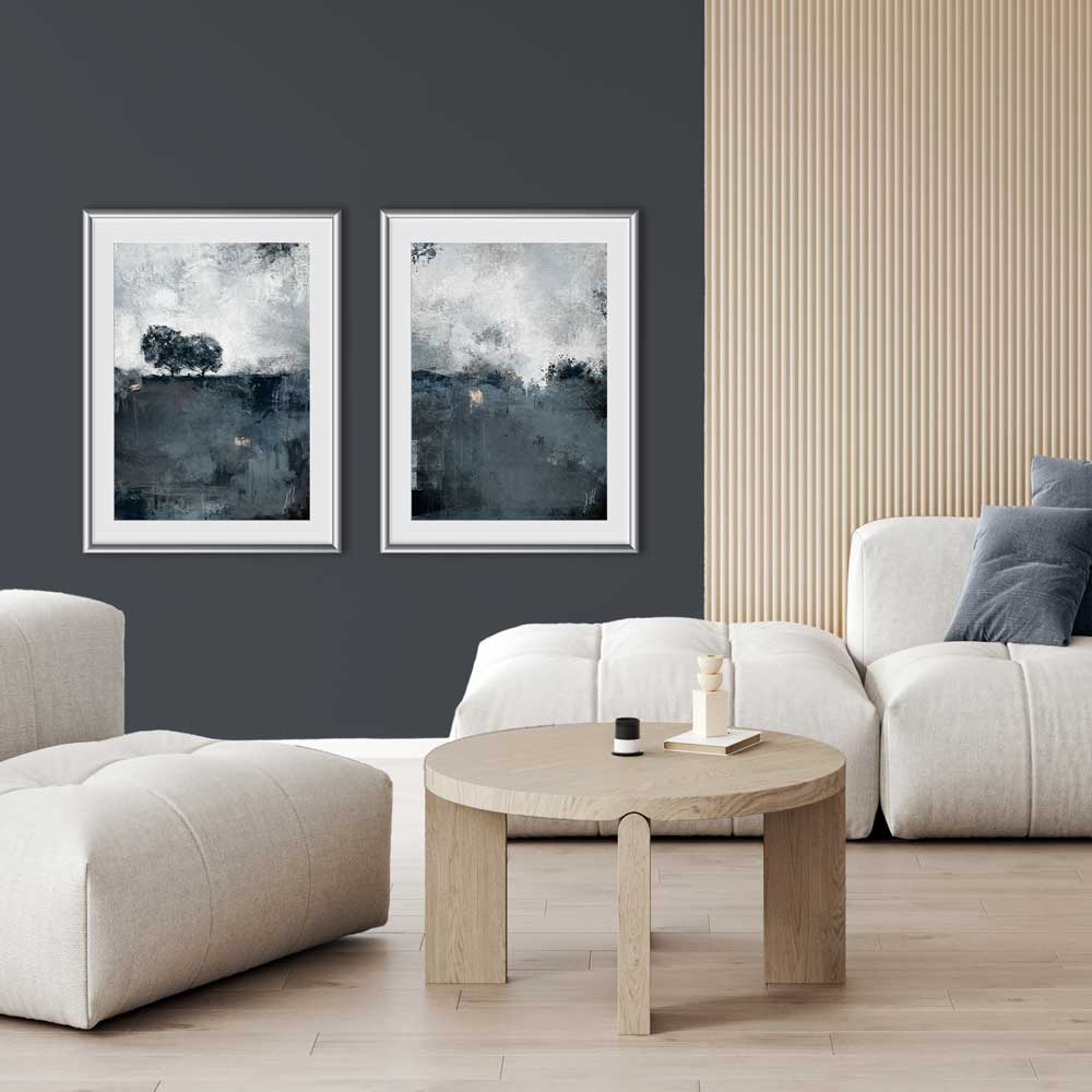 Blue-grey semi-abstract landscape limited edition art print - Singing The Blues II by Jayne Leighton Herd. Beautiful wall art for living spaces.