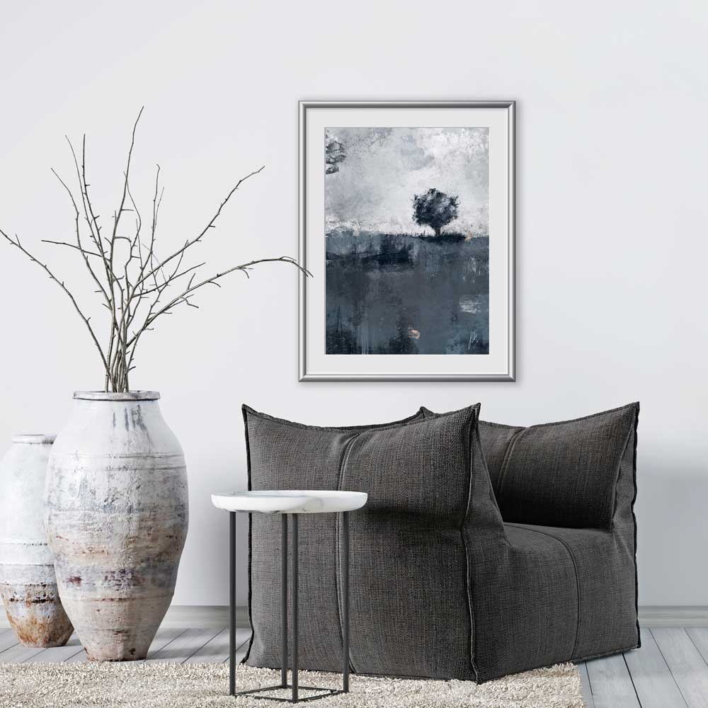 Blue-grey semi-abstract landscape limited edition art print - Singing The Blues III by Jayne Leighton Herd. Beautiful wall art for living spaces.