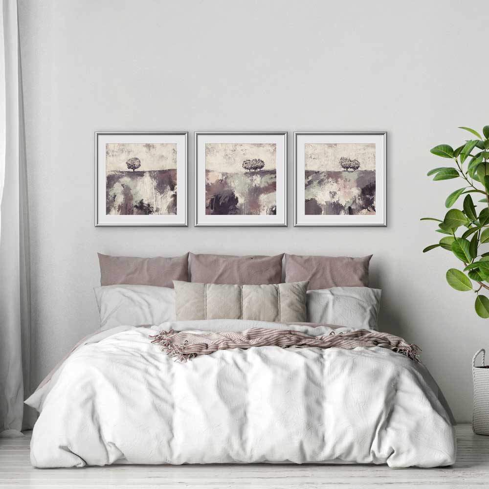 square mauve & purple semi-abstract landscape limited edition prints - Softly Softly I, II & III by Jayne Leighton Herd. Perfect art for bedrooms and living spaces.