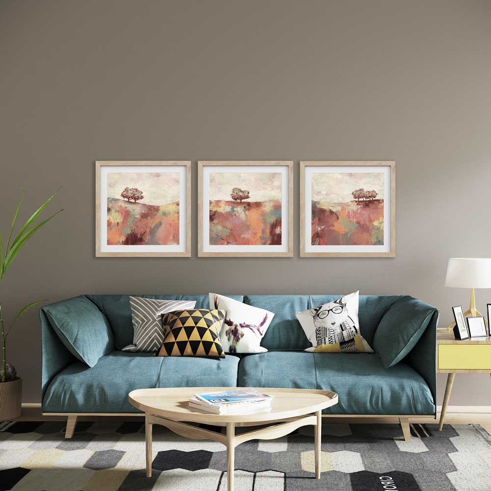 Spring Dance I, II & III - orange square semi-abstract landscape fine art prints by Jayne Leighton Herd. A triptych of 3 artworks that hang perfectly together on living room, dining room and bedroom walls.