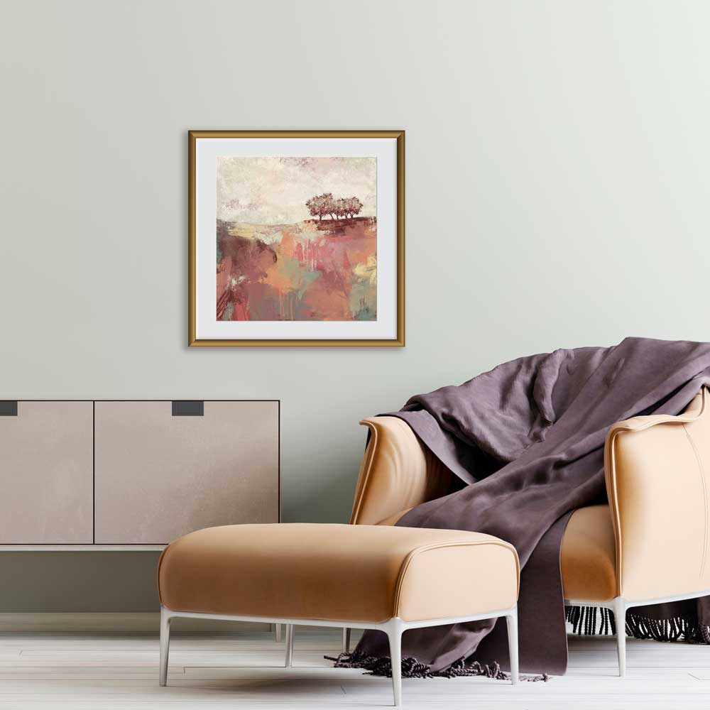 Spring Dance III - orange square semi-abstract landscape fine art print by Jayne Leighton Herd. Beautiful artwork ideal for living rooms.