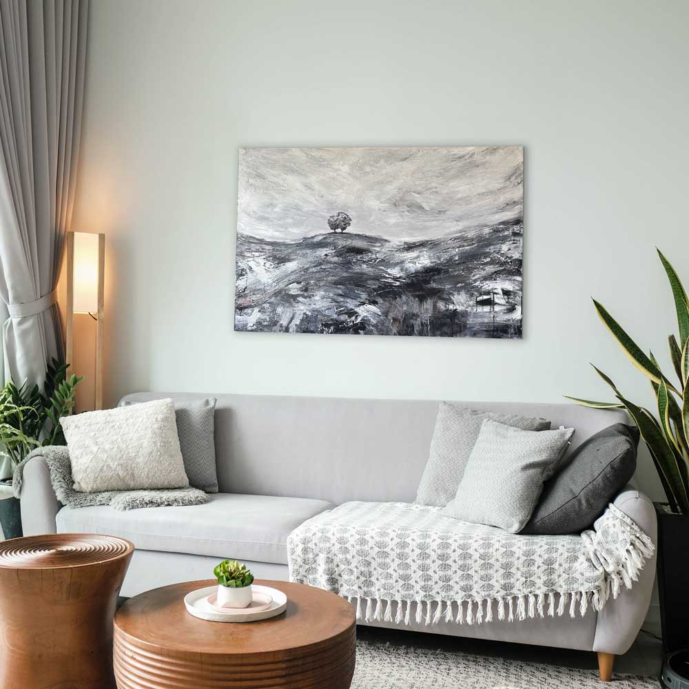 Large black, white & metallic original semi-abstract landscape painting on wood - Standing Quiet by Jayne Leighton Herd. A monochrome statement artwork perfect for living and work spaces.