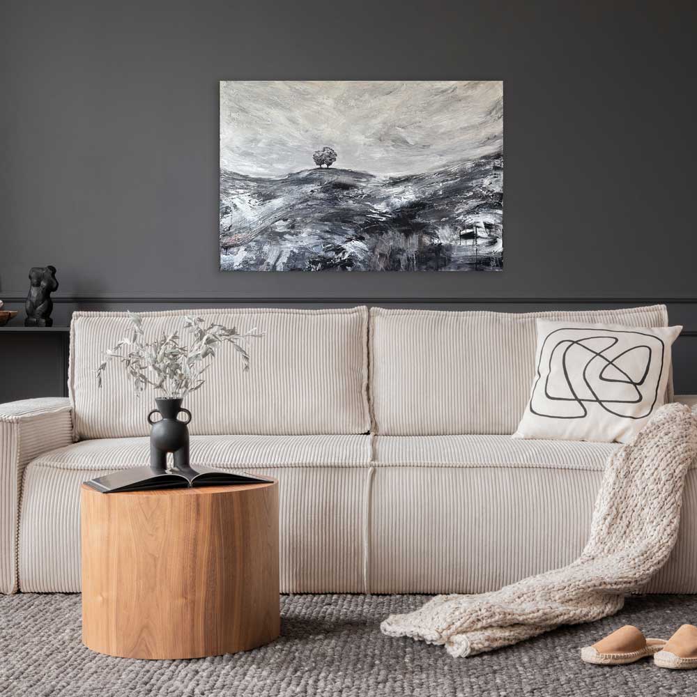 Large black, white & metallic original semi-abstract landscape painting on wood - Standing Quiet by Jayne Leighton Herd. A monochrome statement artwork perfect for living and work spaces.