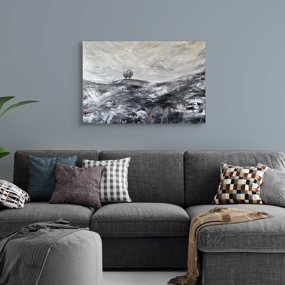 Large black, white & metallic original semi-abstract landscape painting on wood - Standing Quiet by Jayne Leighton Herd. A monochrome statement artwork perfect for living and work spaces.