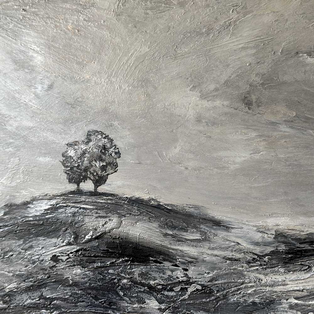 Close-up section from large black, white & metallic original semi-abstract landscape painting - Standing Quiet by British artist Jayne Leighton Herd. 