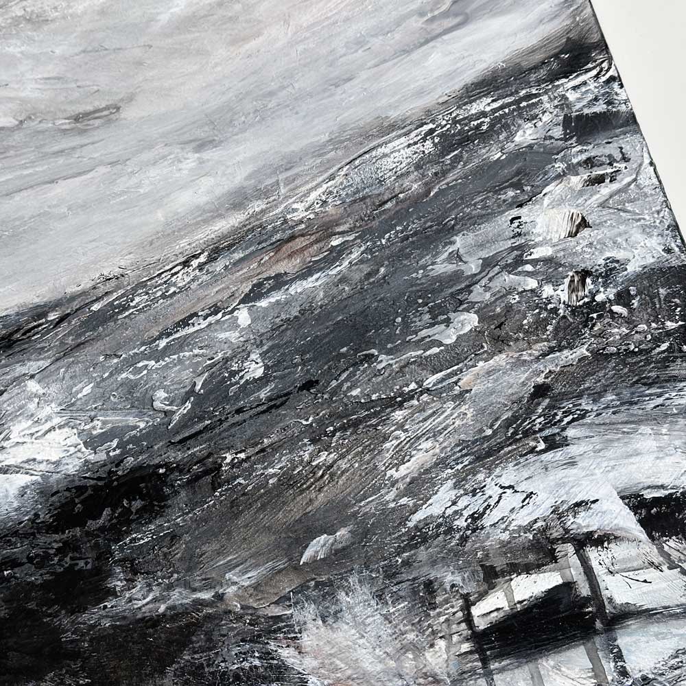 Close-up section from large black, white & metallic original semi-abstract landscape painting - Standing Quiet by British artist Jayne Leighton Herd. 