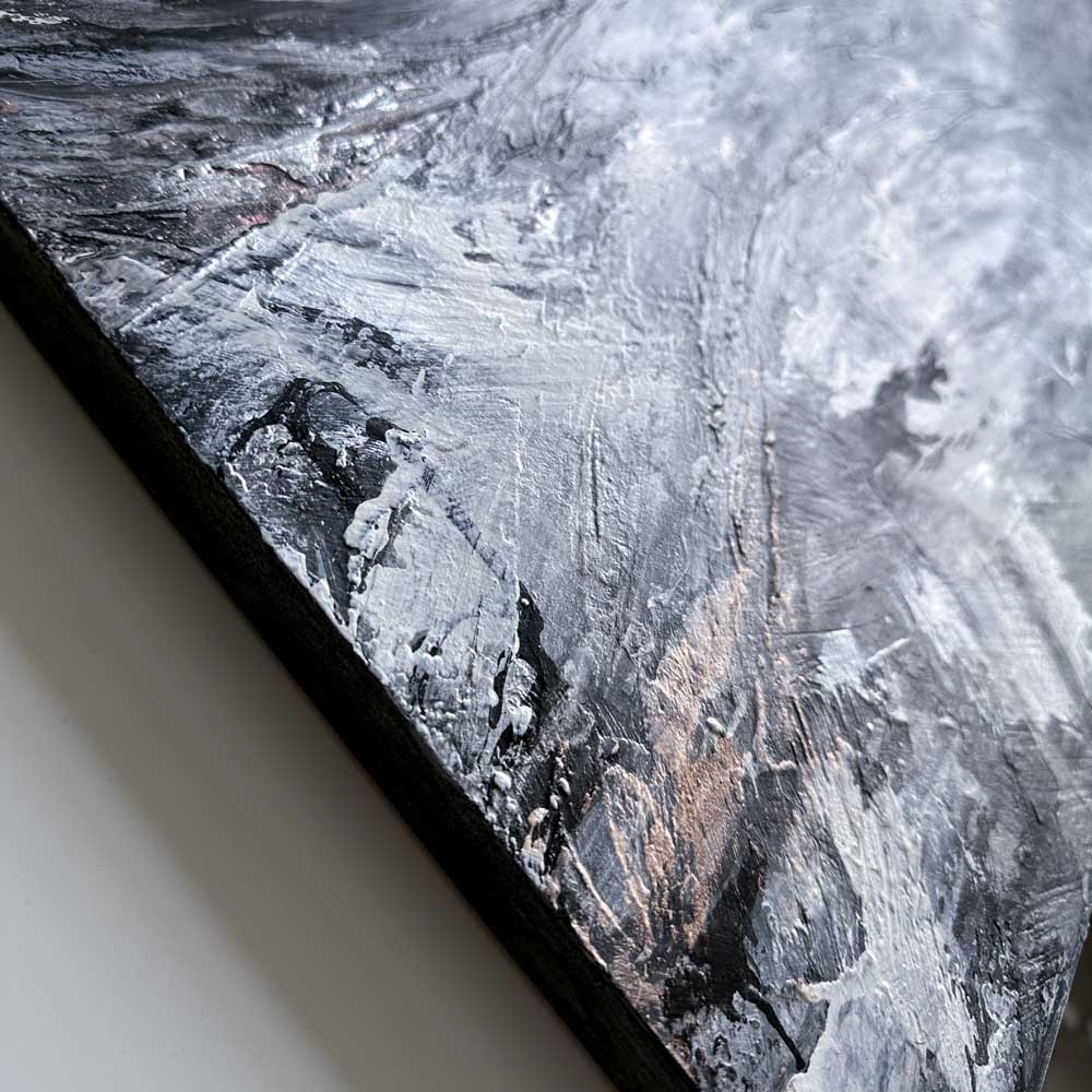 Close-up section from large black, white & metallic original semi-abstract landscape painting - Standing Quiet by British artist Jayne Leighton Herd. 