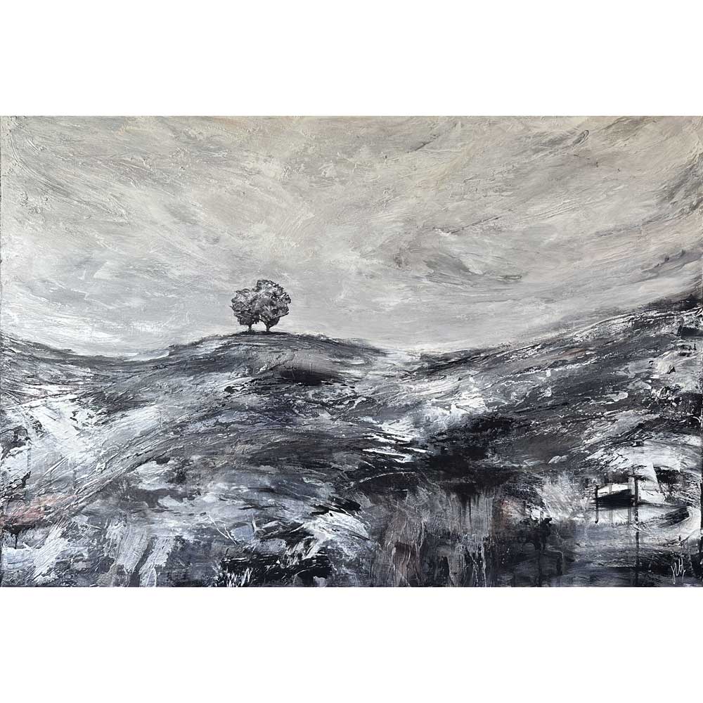 Large black, white & metallic original semi-abstract landscape painting on wood - Standing Quiet by Jayne Leighton Herd. 