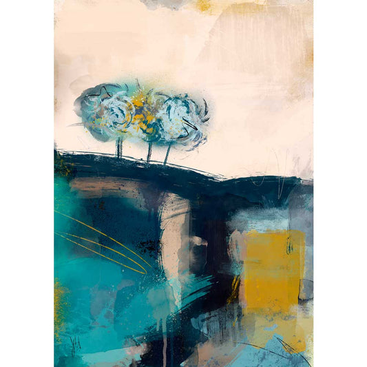 Blue, turquoise green & mustard yellow semi-abstract landscape fine art print - Woodland Waltz by Jayne Leighton Herd.