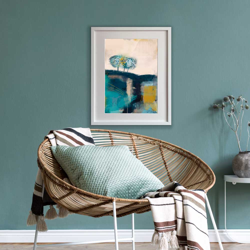 Blue, turquoise green & mustard yellow semi-abstract landscape fine art print - Woodland Waltz by Jayne Leighton Herd. Treescape artwork perfect for living spaces and offices.