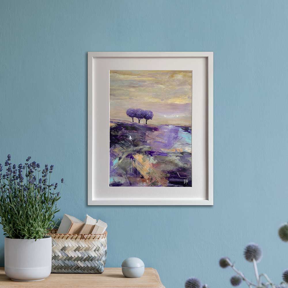 Lavender purple semi-abstract landscape limited edition art print - A Lazy Lavender Day by Jayne Leighton Herd. Beautiful wall art for living spaces.