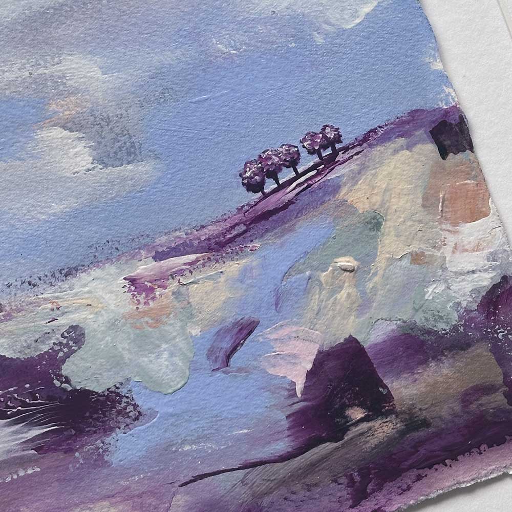 High On A Hill I - purple, blue square original tree landscape painting