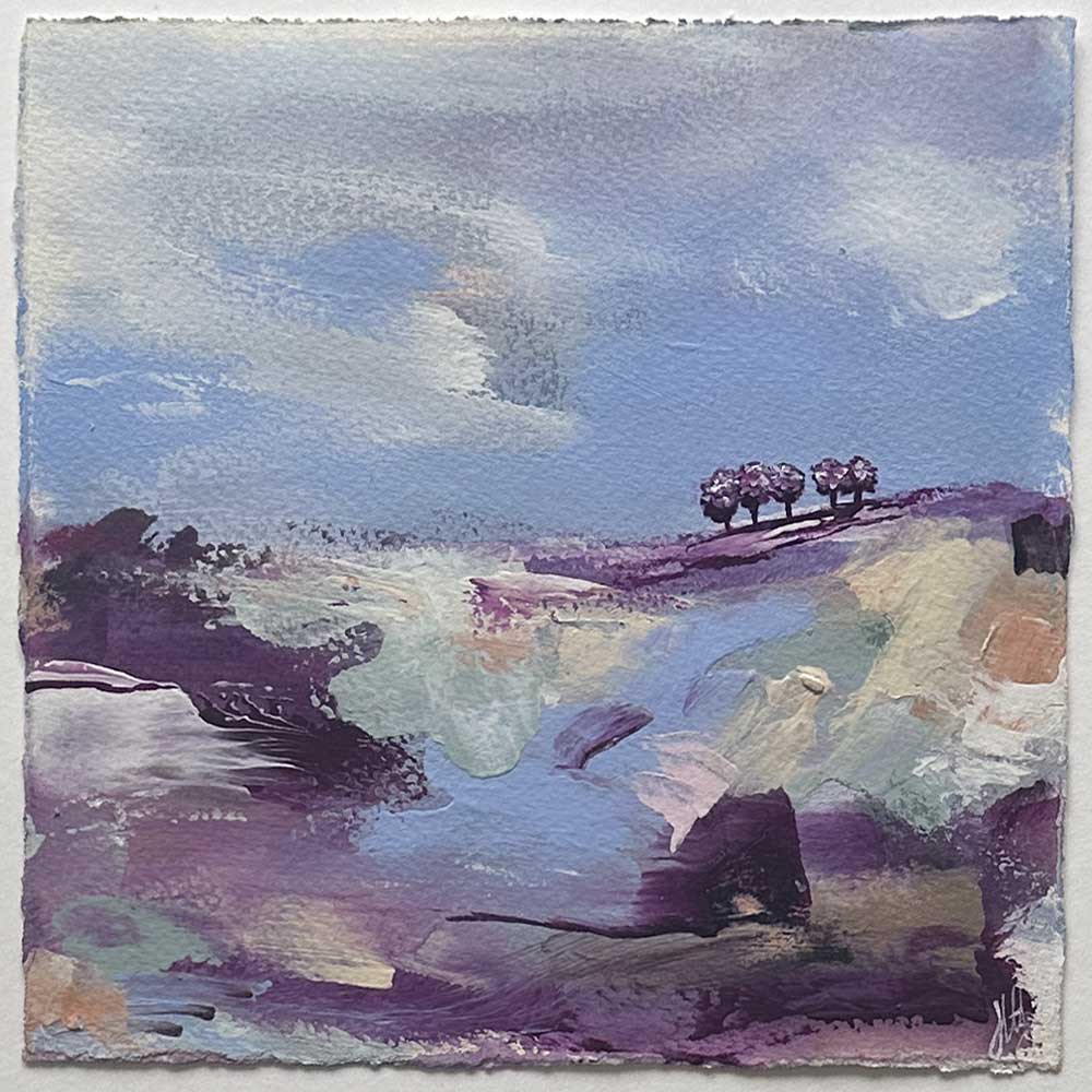 High On A Hill I - purple, blue square original tree landscape painting