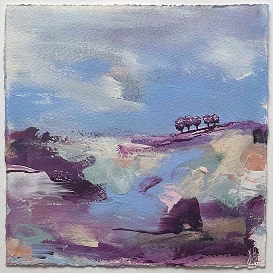 High On A Hill I - purple, blue square original tree landscape painting