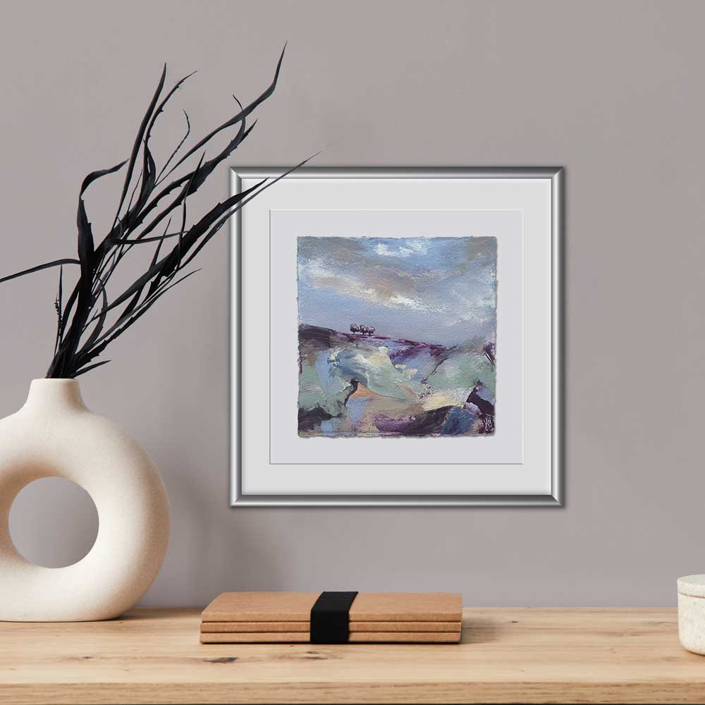 Original purple, pink & blue small square tree landscape painting. High On A Hill II by Jayne Leighton Herd. Artwork perfect for living spaces, bedrooms & offices.