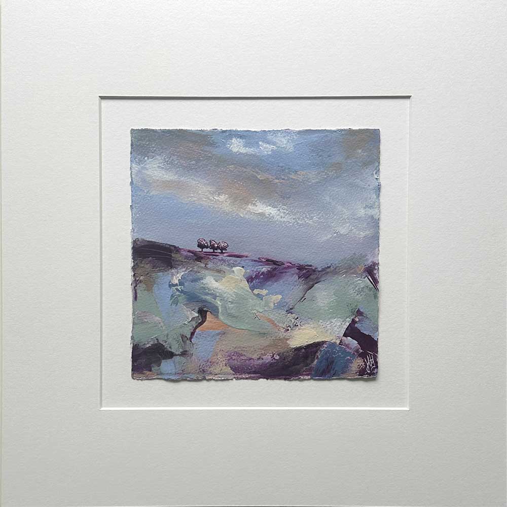 Original purple, pink & blue small square tree landscape painting. High On A Hill II by Jayne Leighton Herd.