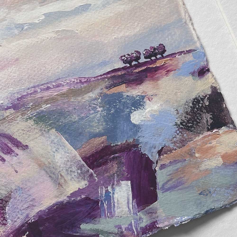 Original blue, purple, pink & green small square tree landscape painting. High On A Hill III by Jayne Leighton Herd.