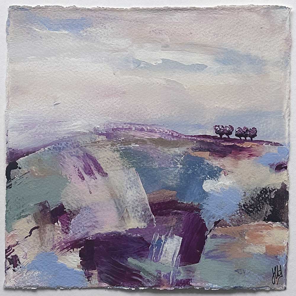 Original blue, purple, pink & green small square tree landscape painting. High On A Hill III by Jayne Leighton Herd.