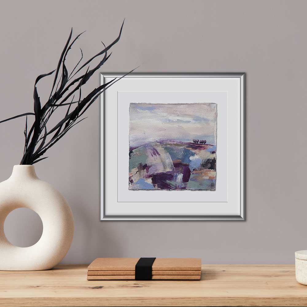 Original blue, purple, pink & green small square tree landscape painting. High On A Hill III by Jayne Leighton Herd.