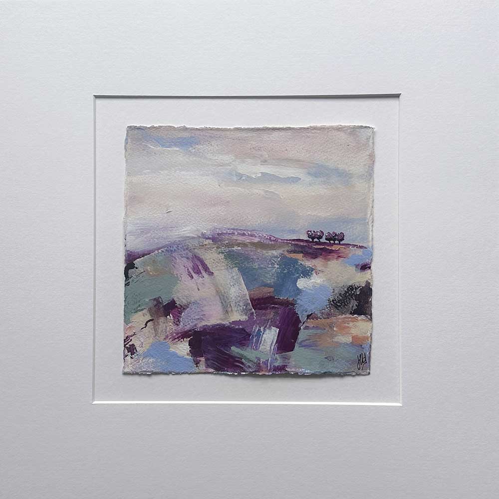 Original blue, purple, pink & green small square tree landscape painting. High On A Hill III by Jayne Leighton Herd.