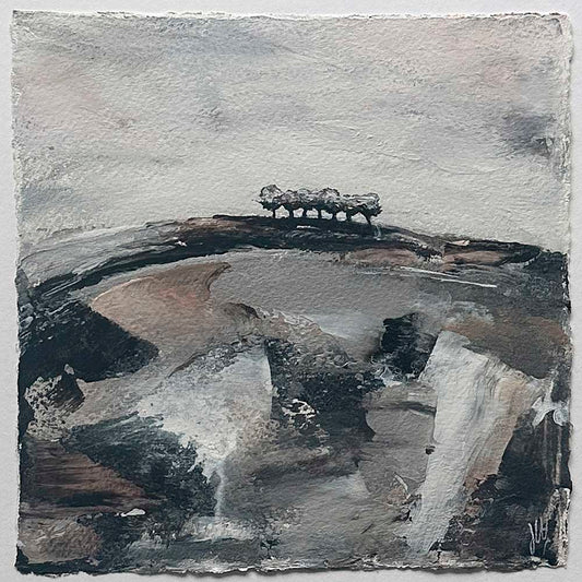 Original copper, silver black & white small square tree landscape painting. High On A Hill IV by Jayne Leighton Herd.