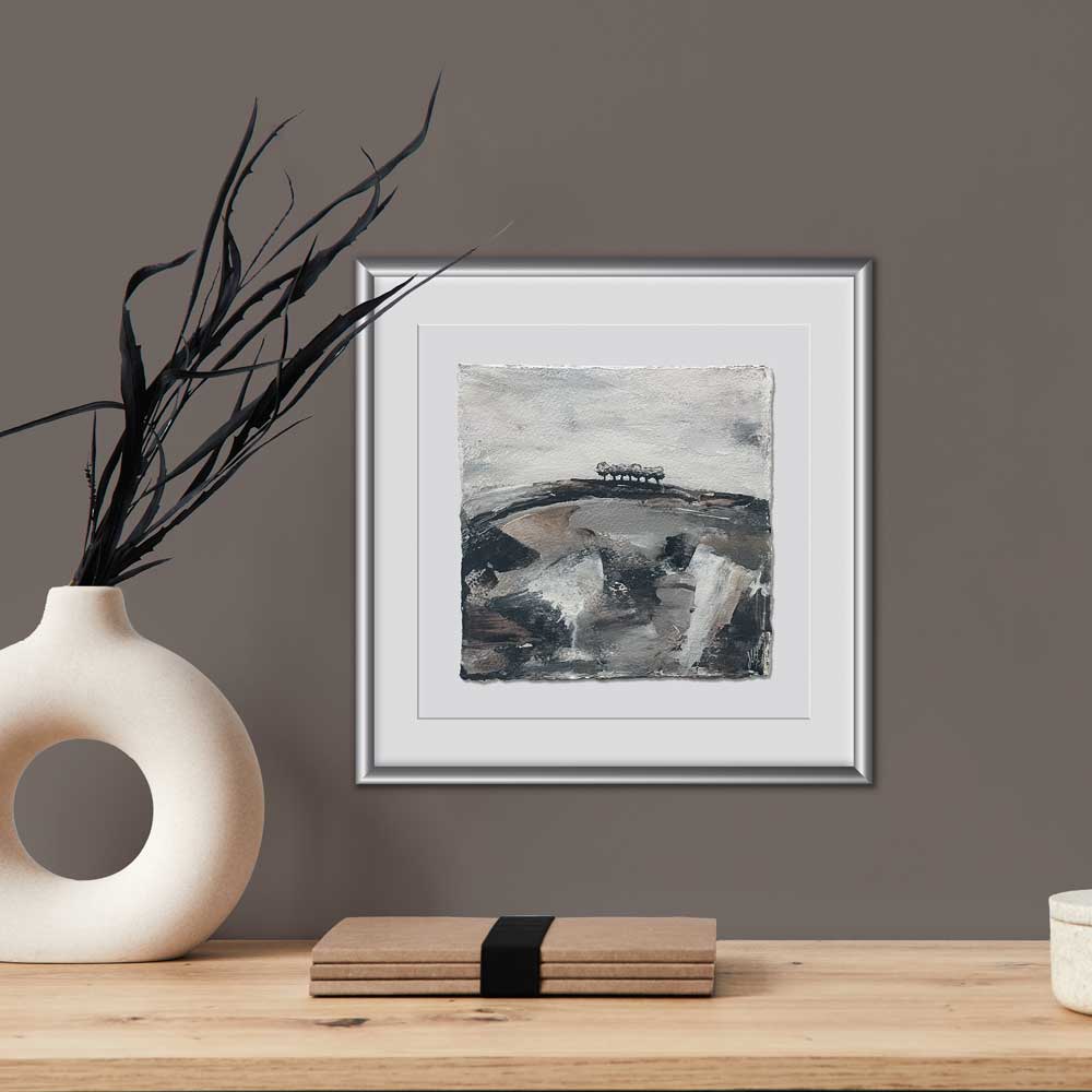 Original copper, silver black & white small square tree landscape painting. High On A Hill IV by Jayne Leighton Herd. Metallic artwork perfect for living spaces, bedrooms & offices.