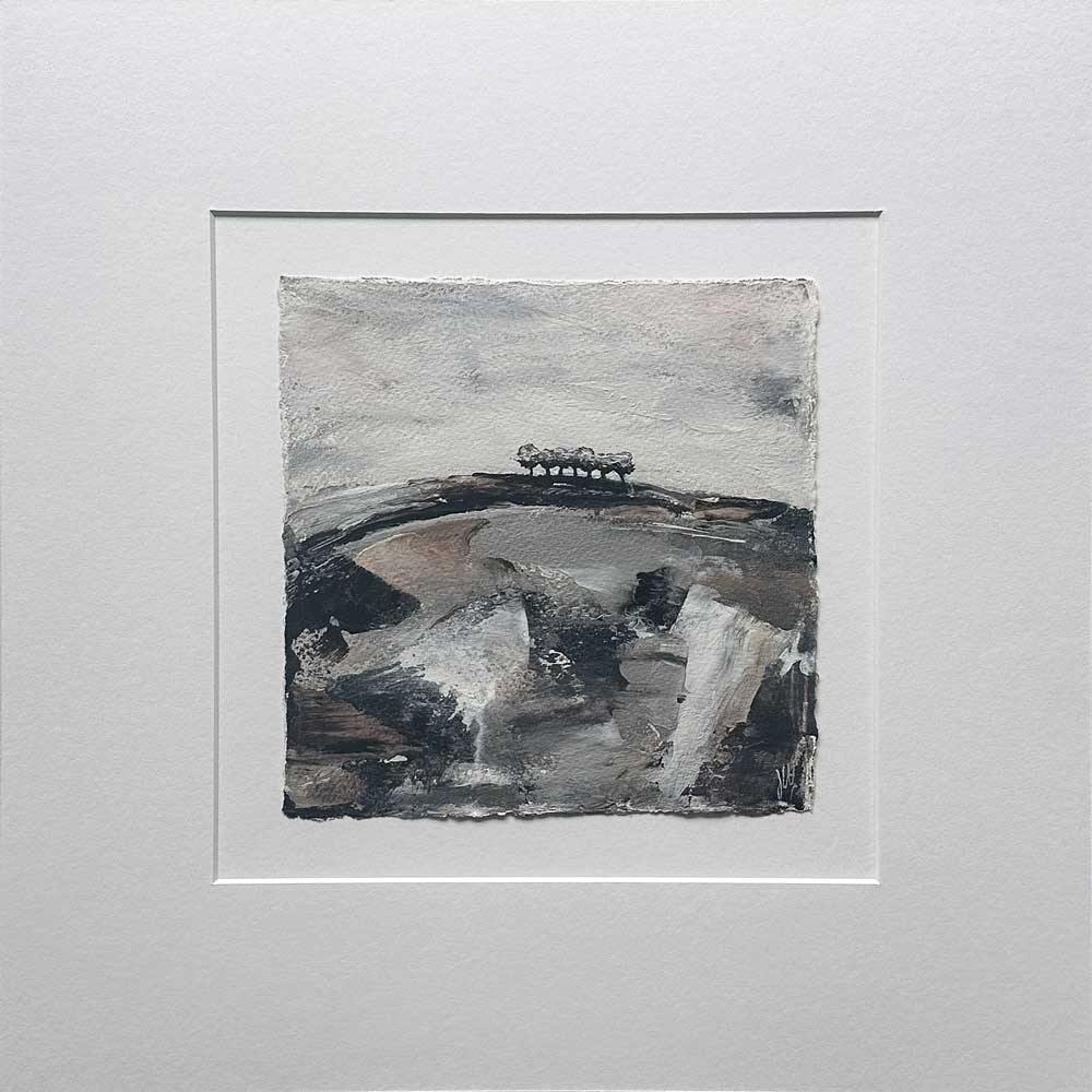 Original copper, silver black & white small square tree landscape painting. High On A Hill IV by Jayne Leighton Herd.