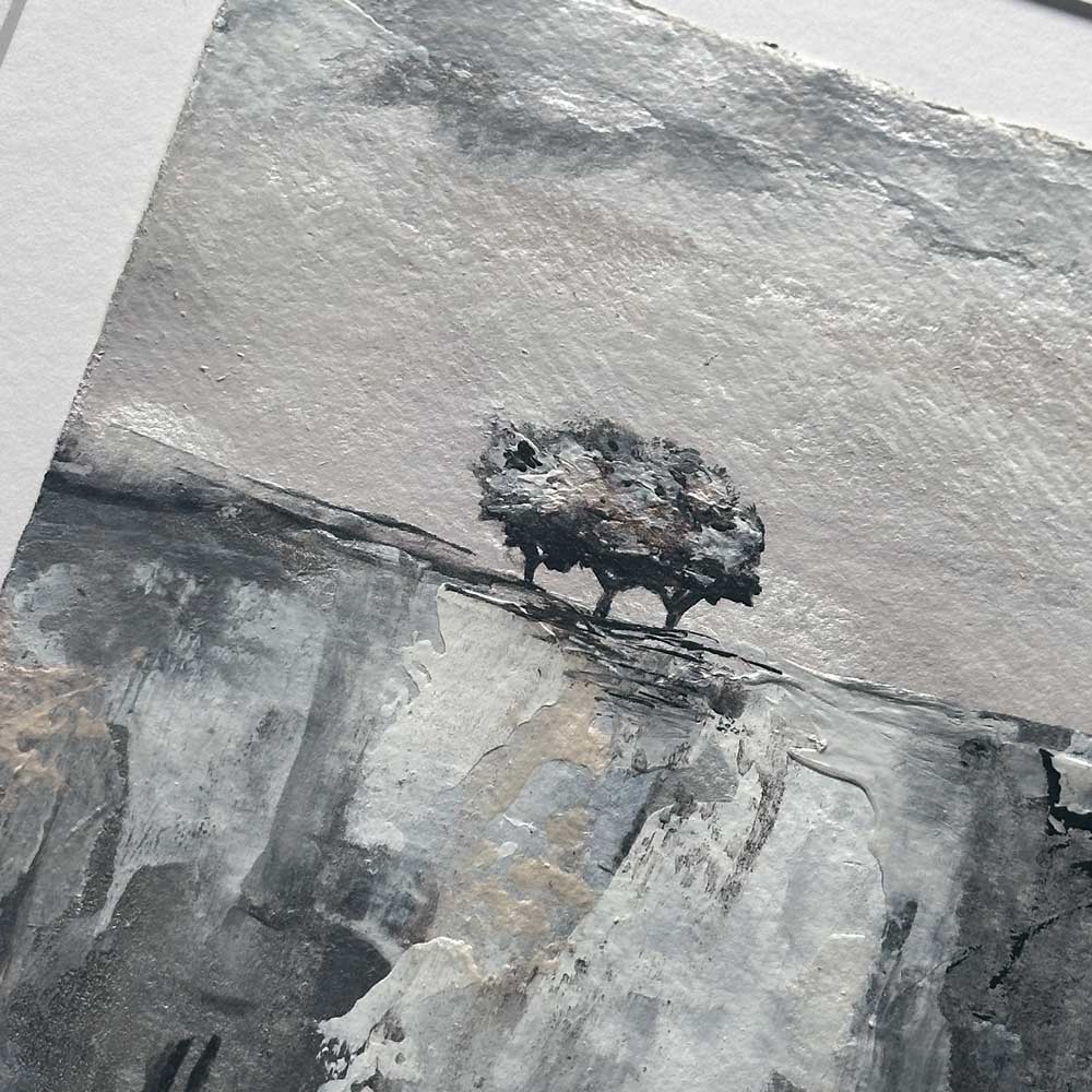 Original silver, copper, black & white small square metallic tree landscape painting. High On A Hill IX by Jayne Leighton Herd.