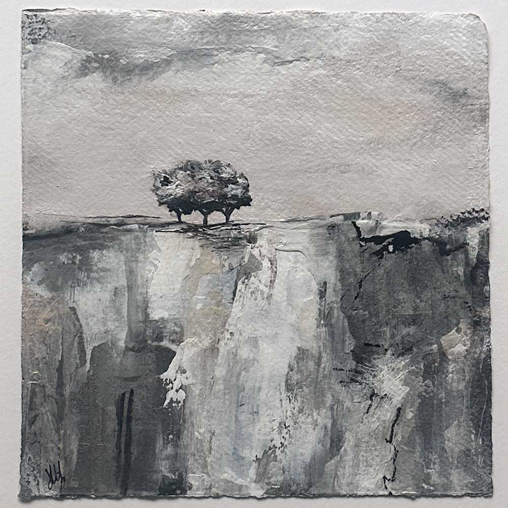 Original silver, copper, black & white small square metallic tree landscape painting. High On A Hill IX by Jayne Leighton Herd.