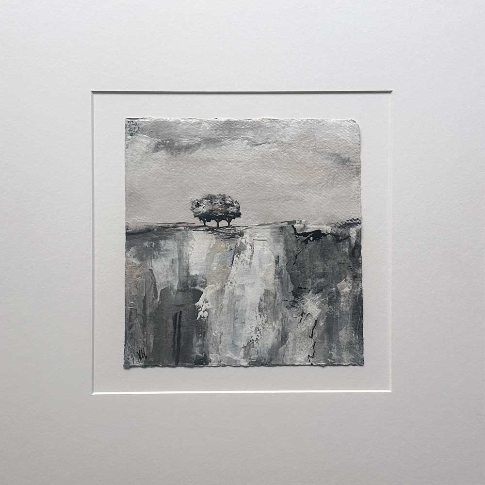 Original silver, copper, black & white small square metallic tree landscape painting. High On A Hill IX by Jayne Leighton Herd.