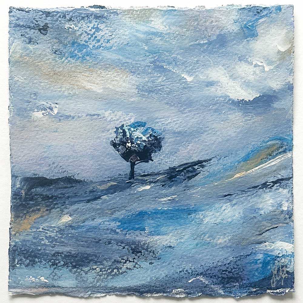 Original blue & gold small square tree landscape painting. High On A Hill Mini I by Jayne Leighton Herd.