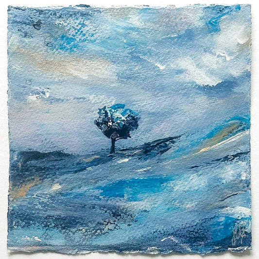 Original blue & gold small square tree landscape painting. High On A Hill Mini I by Jayne Leighton Herd.