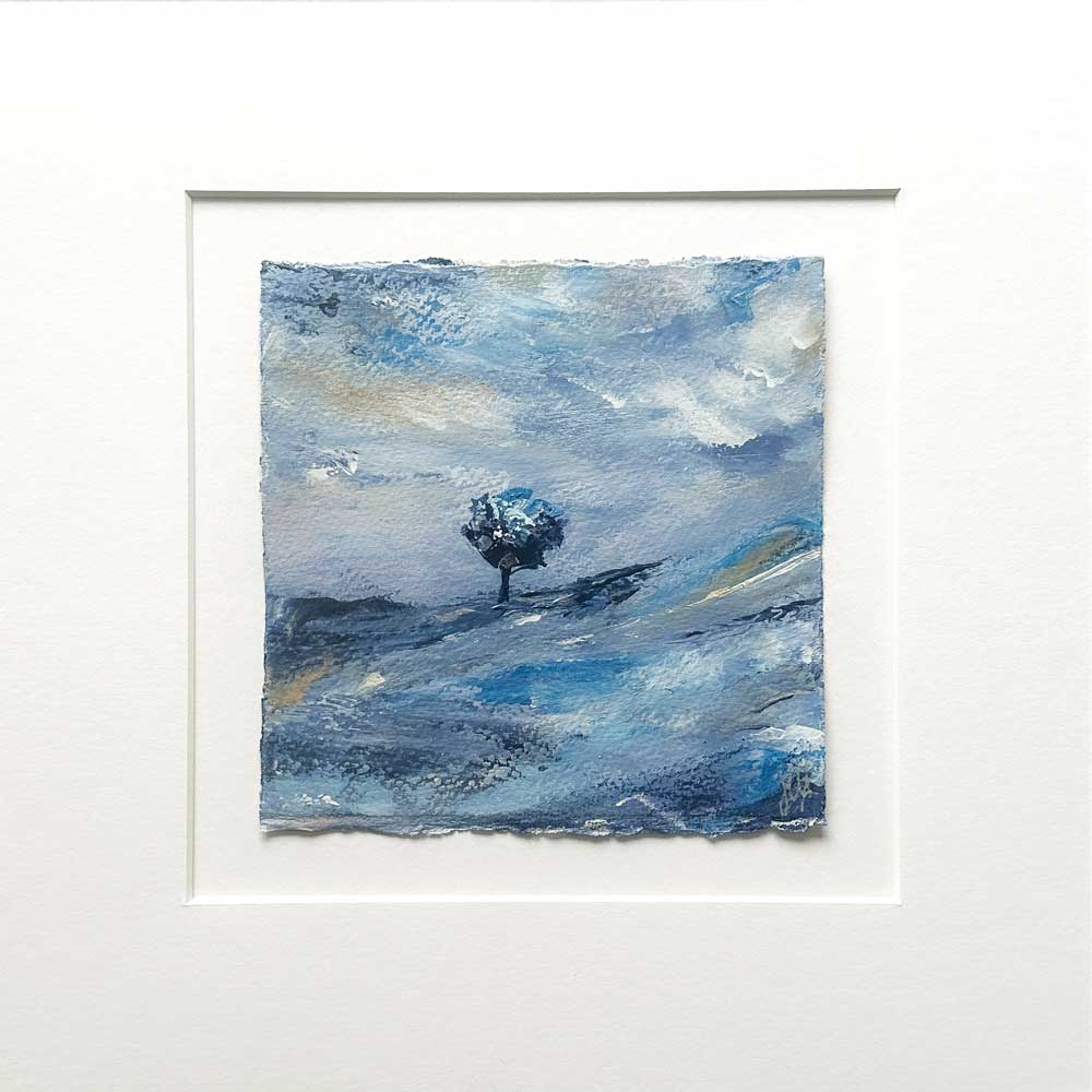 Original blue & gold small square tree landscape painting. High On A Hill Mini I by Jayne Leighton Herd.