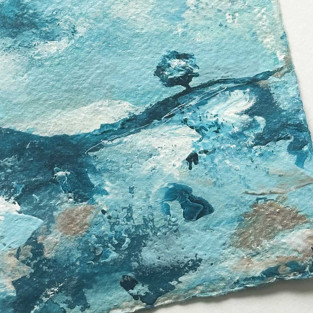 Original turquoise small square tree landscape painting. High On A Hill Mini II by Jayne Leighton Herd.