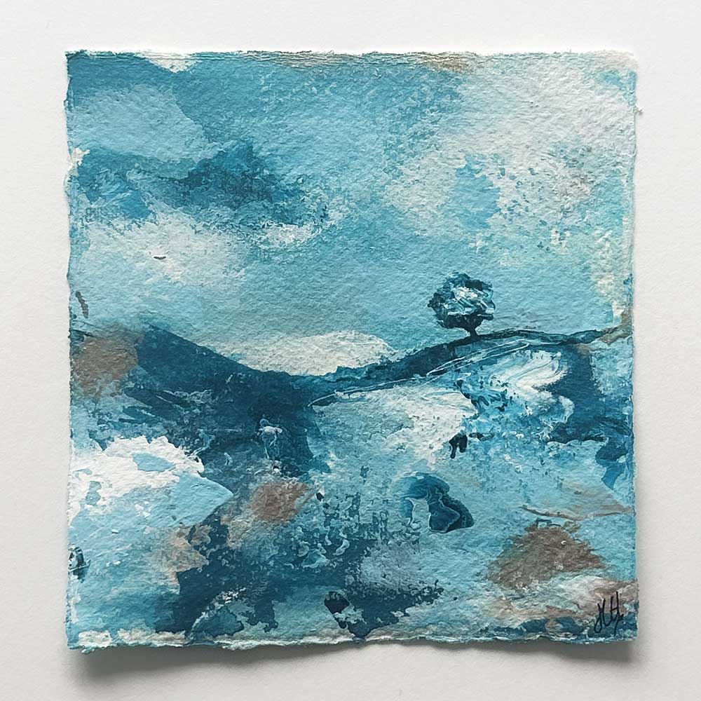 Original turquoise small square tree landscape painting. High On A Hill Mini II by Jayne Leighton Herd.